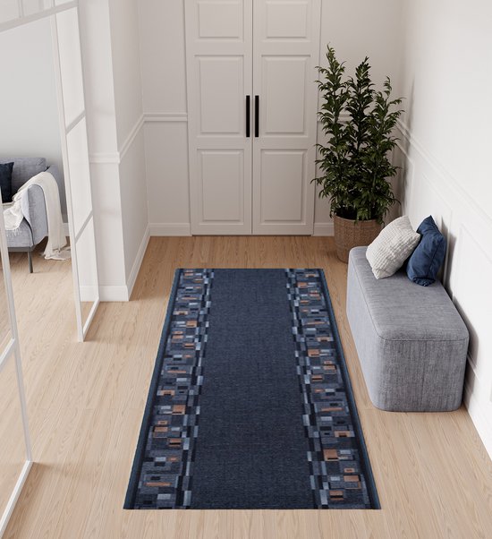 Tapiso Antislip Rubber Mat Blauw Donker Klassiek Rubbermat Tapijt Maat- 100x1000