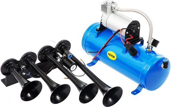 Dakta® 12V 150dB luchthoorn luchthoorn vrachtwagenhoorn 4 trompetten scheepshoorn luchtcompressor geschikt voor voertuigen vrachtwagen trein auto bestelwagen boot motorfiets etc. (zwart) luchthoorn luchthoorn vrachtwagen