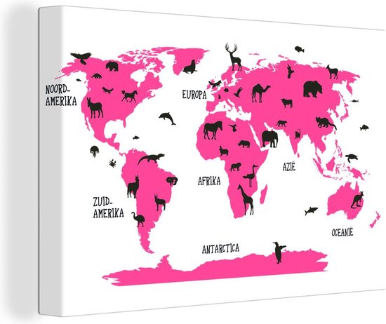 Canvas Wereldkaart - 180x120 - Wanddecoratie Wereldkaart Kinderen - Roze - Dieren