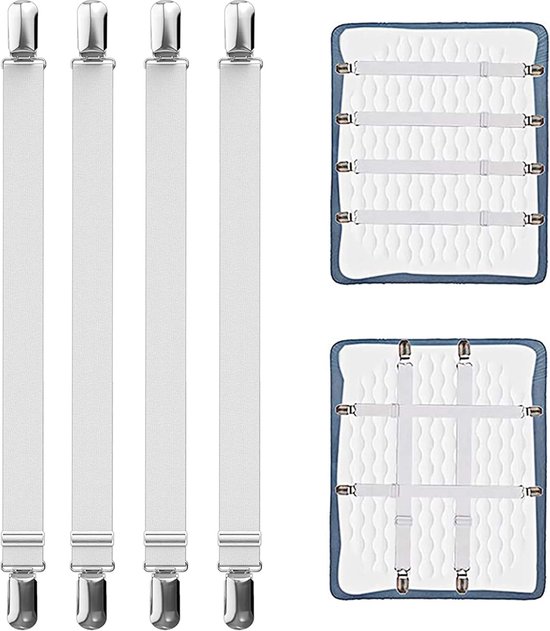Verstelbare lakenspanners, 8 stuks, 55-250 cm, elastische lakenspanners, witte lakenspanners met metalen clips, voor lakens, matras, strijkplank of bank (8PCS)