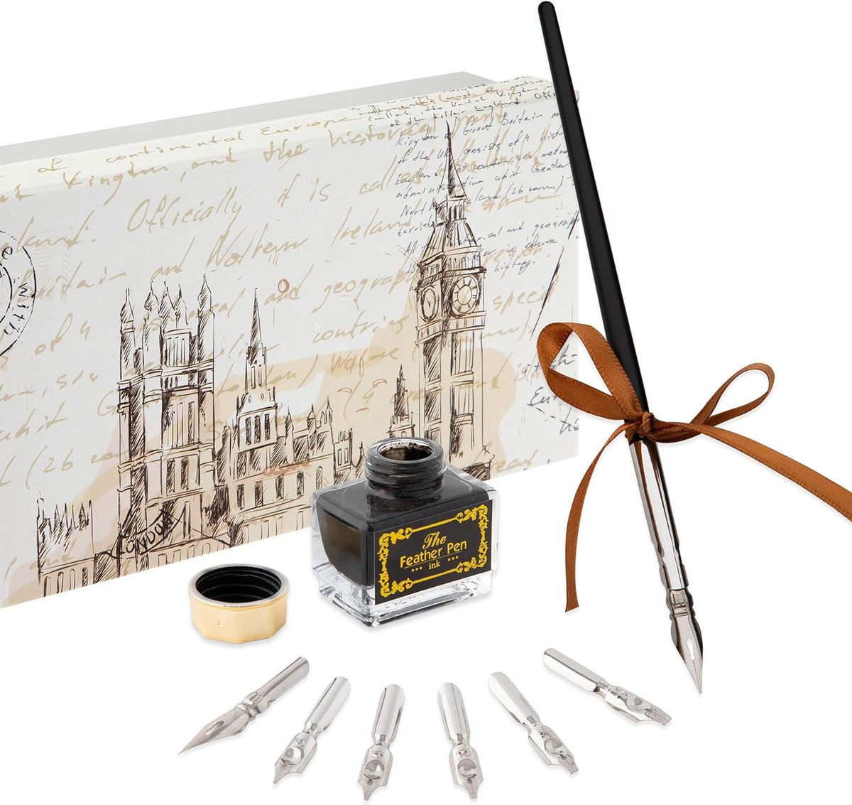 Schrijfveer, kalligrafiestift, set met 7 verschillende veren en zwarte inkt, in luxe geschenkdoos, geschikt voor schrijven, journaling en cadeau