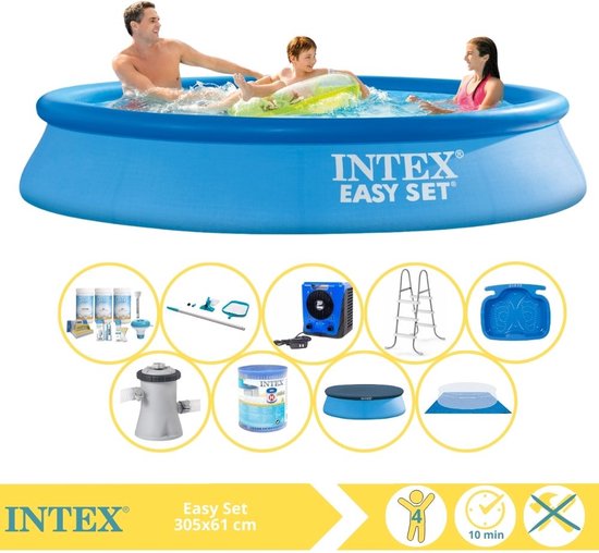 Intex Easy Set Zwembad - Opblaaszwembad - 305x61 cm - Inclusief Afdekzeil, Onderhoudspakket, Filter, Grondzeil, Onderhoudsset, Trap, Voetenbad en Warmtepomp HS
