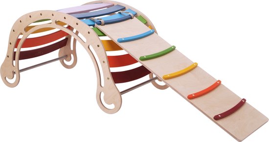 KateHaa Houten XXL Waldorf Rocker met Klimwand Regenboog - Klimrek - Houten Montessori Speelgoed