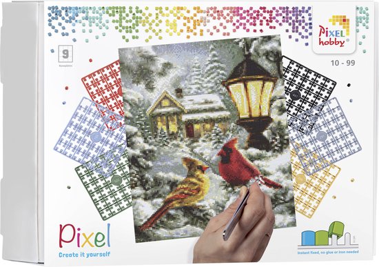 Pixelhobby geschenkdoos KERST 9 basisplaten - Vogels is sneeuw
