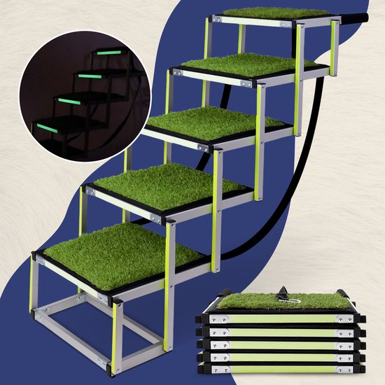 Hondentrap Auto voor grote en kleine honden PRIORPET - Oplichtende markering - Antislip Kunstgras - Opvouwbare autotrap voor stijve gewrichten - Geschikt voor Middenklasse auto's & SUV - 5 Treden