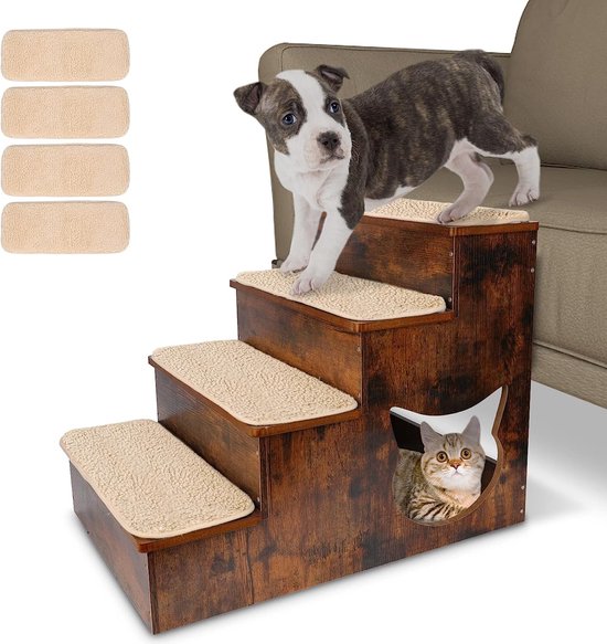 Hondentrap 4 treden, antislip kattentrap van hout voor bank, hondentrap met kattengat voor grote honden en katten, ladder tot 80 kg, 39 x 60 x 47 cm