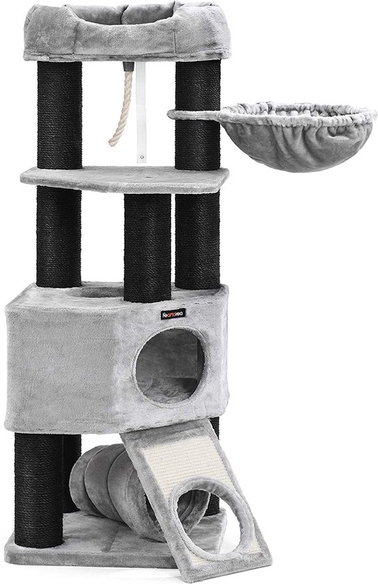 Kattenboom - 141 cm - Kattenbak - Klimpaal - Krabpaal voor Katten - Sisal - 141cm - Grot en Uitkijktoren - Lichtgrijs - PCT02W