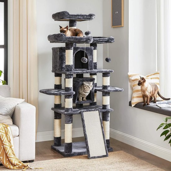 c90 - kattenboom groot, kattenboom met 3 gezellige uitkijkplateaus, kattenspeelgoed met 2 knuffelgrotten, dikke sisalstammen, extra krabplank, stal, 172 cm, rookGrijs PCT18GYZ