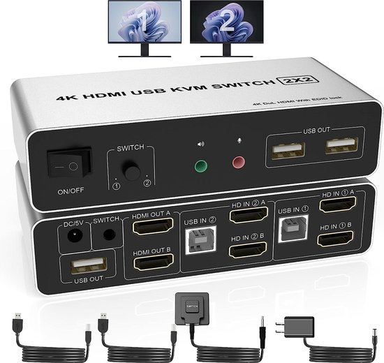NÖRDIC KVM-118 KVM switch - HDMI 4K60Hz - USB3.0 - Audio EDID - Zilver