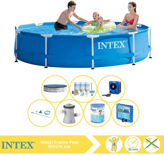 Intex Metal Frame Zwembad - Opzetzwembad - 305x76 cm - Inclusief Afdekzeil, Onderhoudspakket, Zwembadpomp, Filter, Onderhoudsset, Zwembadtegels en Warmtepomp HS