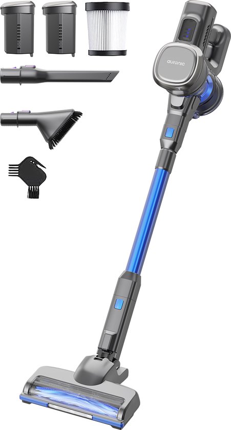 Auronic Steelstofzuiger - Draadloos - Zonder Zak - Op Accu - Zelfstaand - 220 W - Extra Batterij - Grijs/Blauw