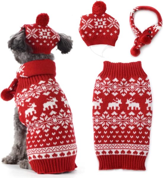 Kersttrui voor honden, sjaalmuts, set, hondentrui, hond kersttrui, hondentrui, rood rendier, warme winter (L, rood)