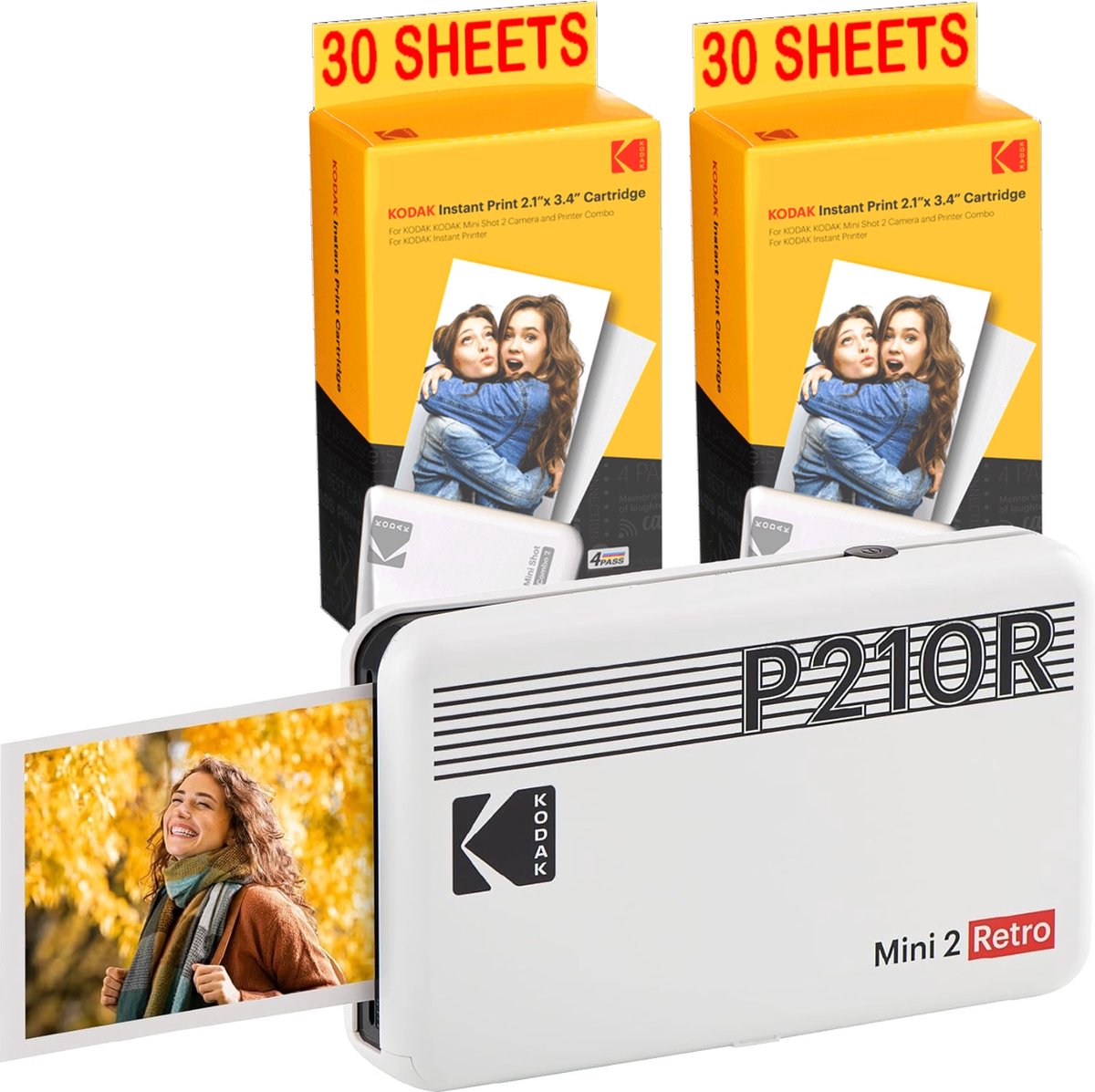 KODAK Pack Mini Imprimante P210 Retro 2 + Cartouche et Papier pour 60 Photos - Imprimante Connectée Bluetooth - Photos Format CB 5,3 x 8,6 cm - Batterie Lithium - Sublimation Thermique 4Pass