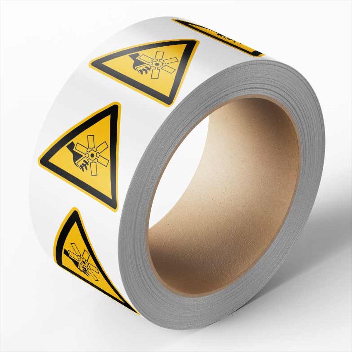 Gevaar draaiende delen sticker op rol, 25 meter 200 mm - 105 per rol