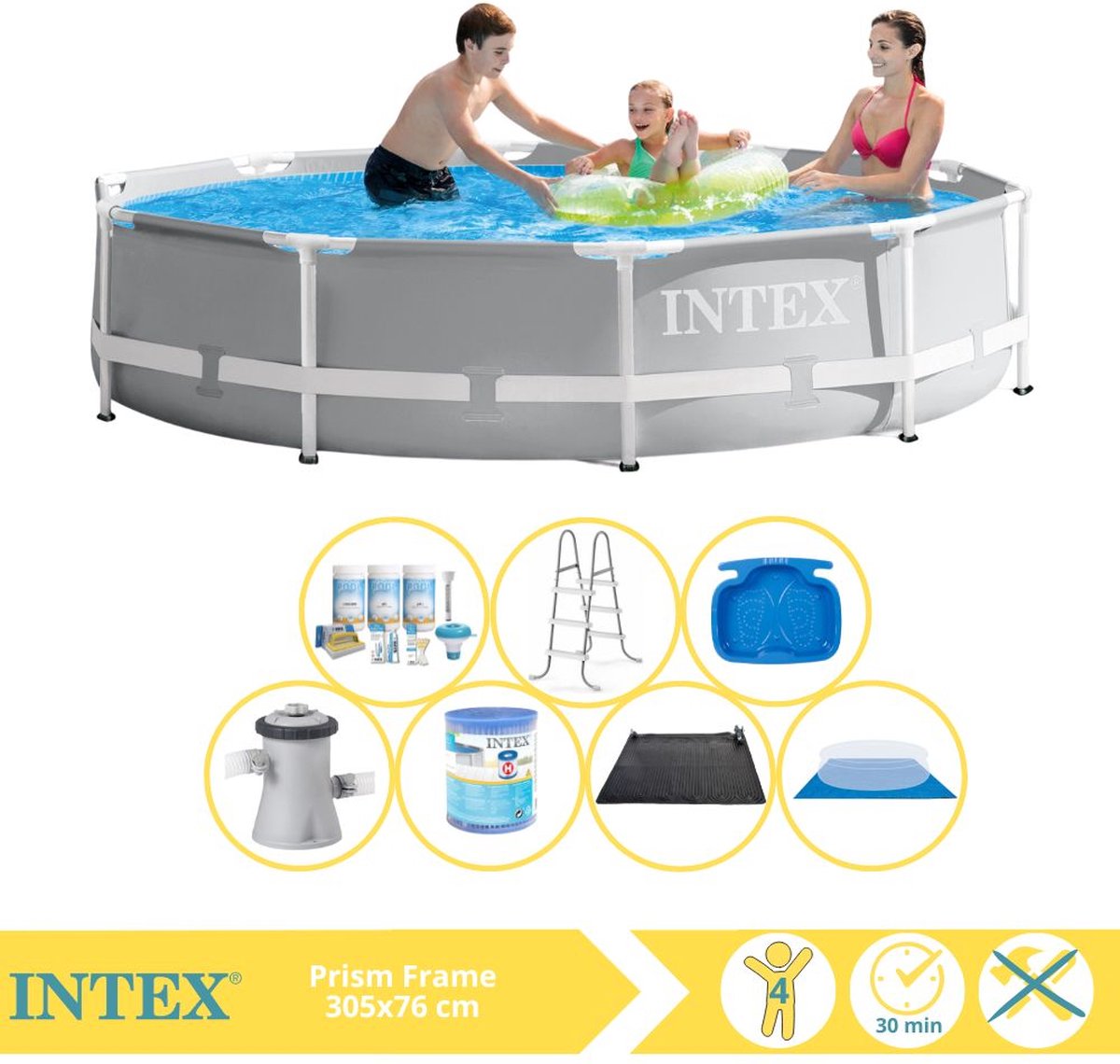 Intex Prism Frame Zwembad - Opzetzwembad - 305x76 cm - Inclusief Onderhoudspakket, Filter, Grondzeil, Solar Mat, Trap en Voetenbad