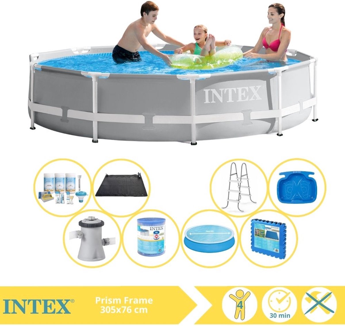 Intex Prism Frame Zwembad - Opzetzwembad - 305x76 cm - Inclusief Solarzeil, Onderhoudspakket, Filter, Solar Mat, Trap, Voetenbad en Zwembadtegels