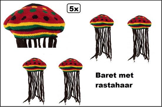 5x Baret met rastahaar - Bob Marley - Festival thema feest carnaval optocht fun happy funk