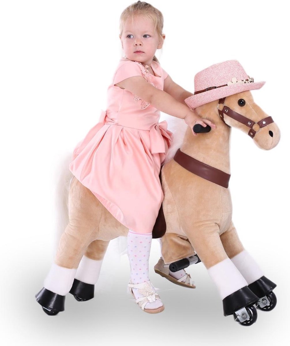 Kijana Rijdend Speelgoed Paard - Hobbelpaard - 74 x 29 x 79 cm - 3-6 Jaar - Inclusief Inline Skate Wieltjes - Licht bruin