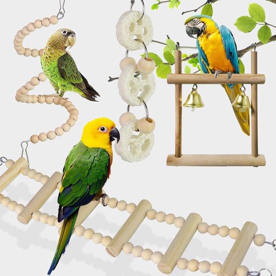 8 pakjes vogelspeelgoed papegaaien kooi speelgoed natuurlijk hout hangende schommel versnipperen kauwstokken papegaai speelgoed papegaai bijt speelgoed voor parkiet parkiet valkparkiet ara