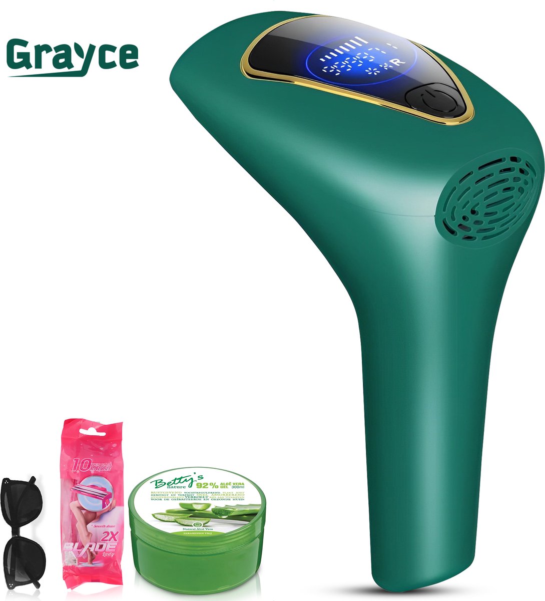 Grayce Pro 2 IPL ontharingsapparaat - Laser ontharing - Laser en lichtontharing - Groen- Inclusief GRATIS: beschermbril - 11X Scheermesjes - Aloë Vera 300ML