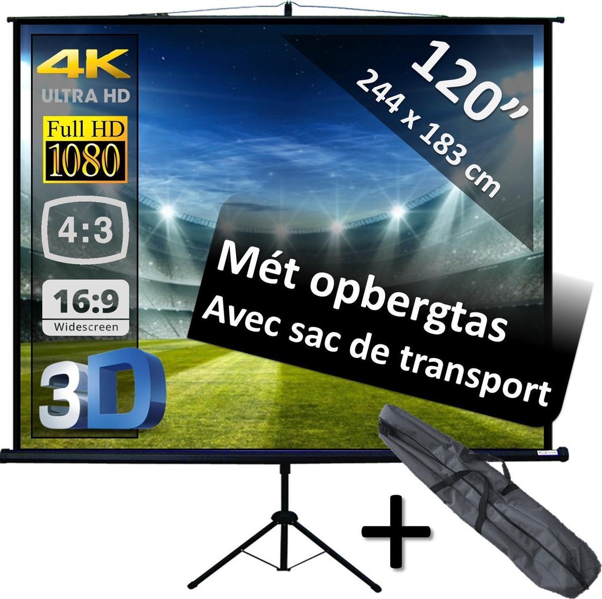 Projectiescherm op statief - statiefscherm 120" (3m05) - 244 x 183 cm - 4:3 - mét opbergtas - beamer scherm