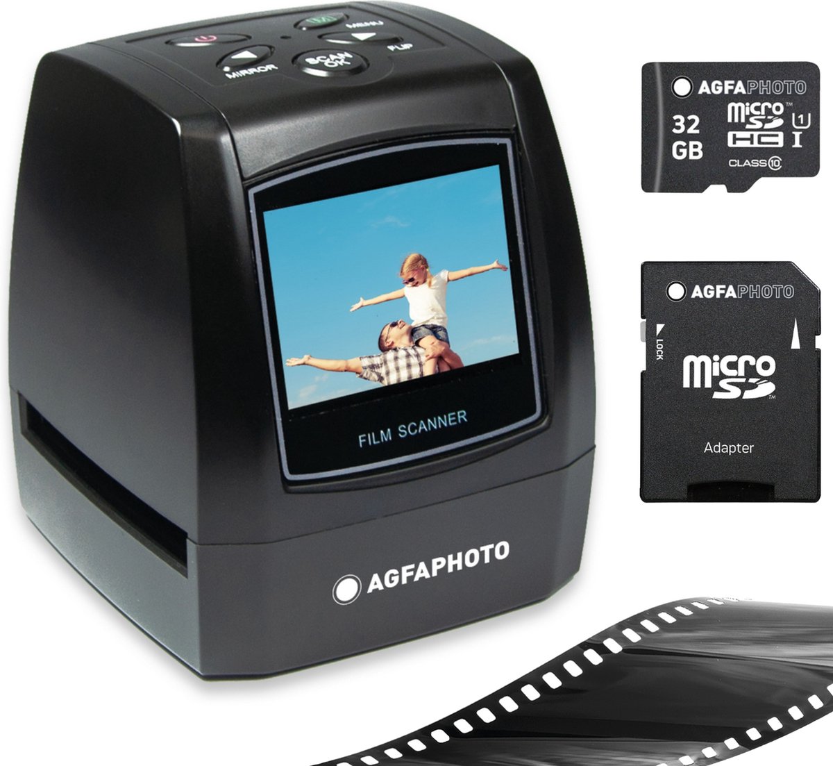 AGFA PHOTO Pack Scanner Numérique Realiview AFS100 + 1 carte SD 32GB – Scanner de Films, Négatifs 35mm/135 et Diapositives (10MP, Écran LCD 2.4’’) - Noir