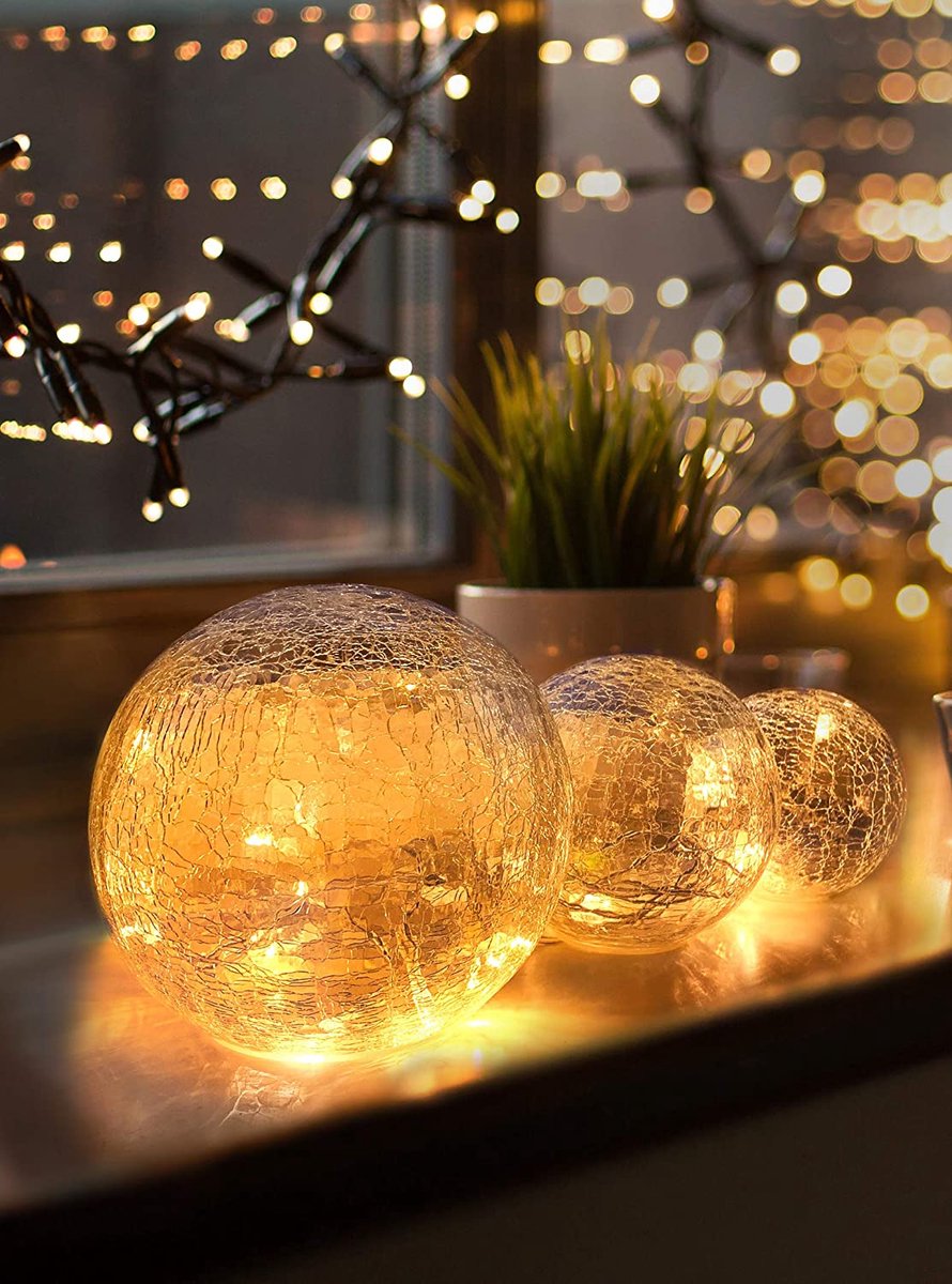 Glazen LED bollen | 3-delig | Warm wit | Timer | Kras bestendig | 10, 12, 15 CM | Herfst | Feestdecoratie | DELMAI