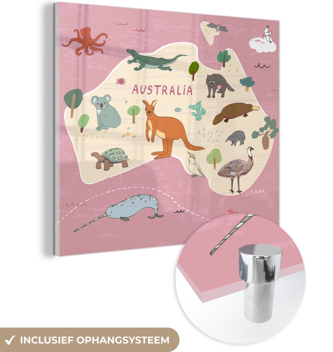 MuchoWow® Glasschilderij - Dieren - Wereldkaart kinderen - Australië - Meisjes - Meiden - Kids - 90x90 cm - Acrylglas Schilderijen - Foto op Glas