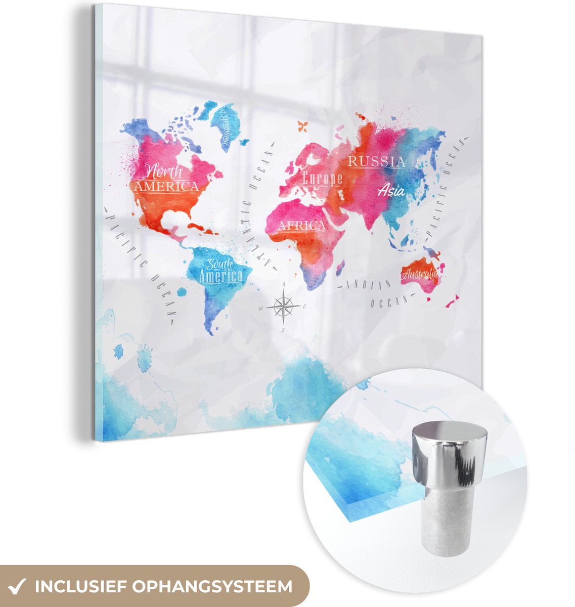 MuchoWow® Glasschilderij - Wereldkaart - Kleuren - Waterverf - 90x90 cm - Acrylglas Schilderijen - Foto op Glas
