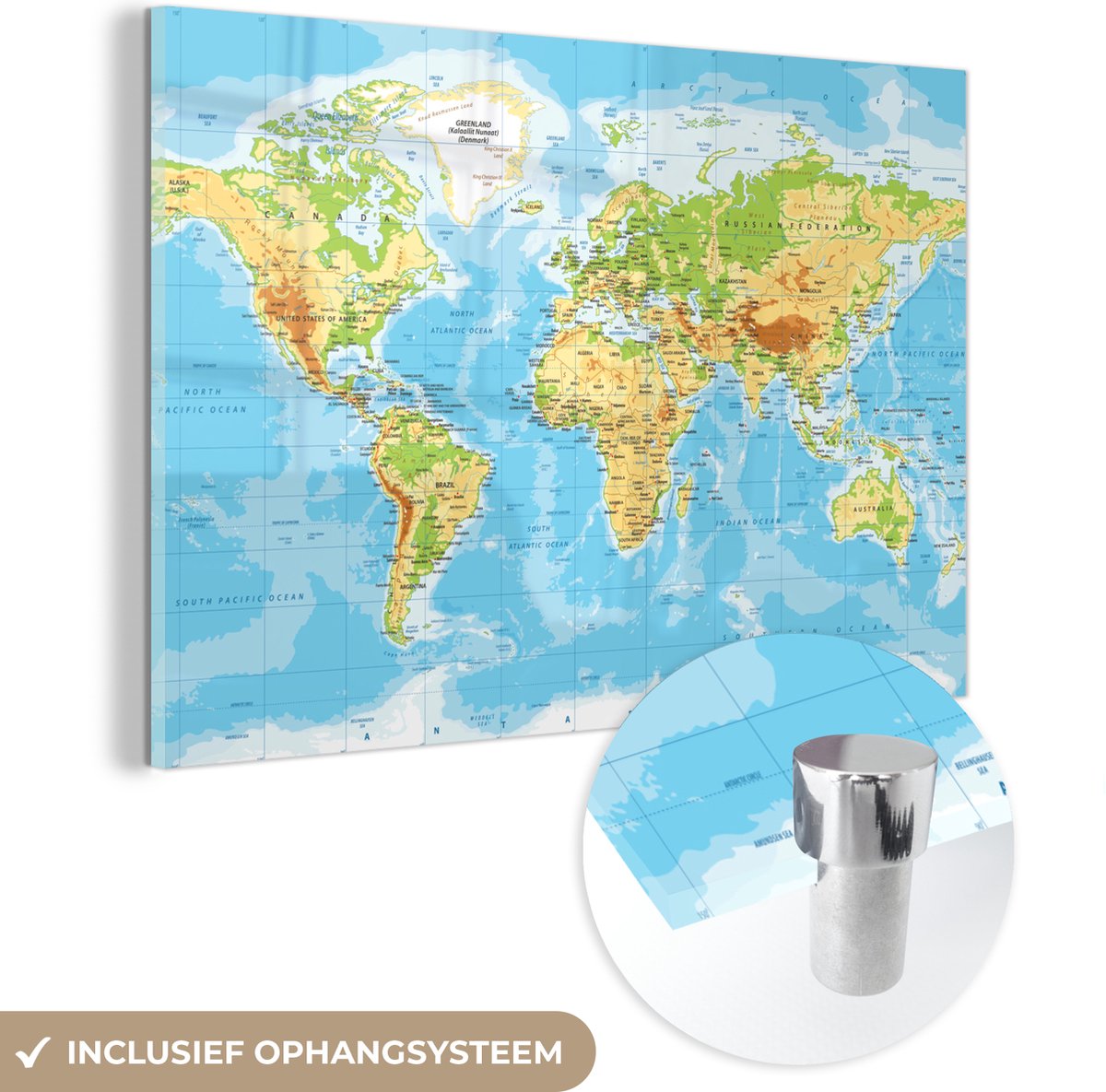 MuchoWow® Glasschilderij - Wereldkaart - Staatkundig - Blauw - Aarde - Educatief - 120x80 cm - Acrylglas Schilderijen - Foto op Glas
