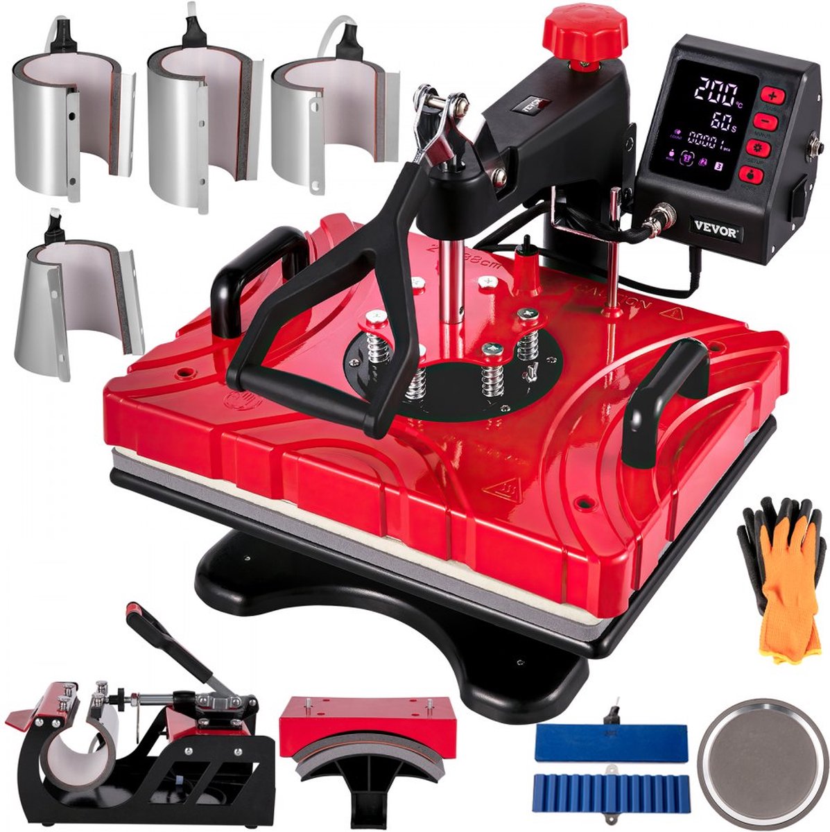 Dakta® Heat Press Machine 12x15 Sublimatie Printer Digitaal LED-Display Transferpers 10 in 1 Rood Hittepers met Benodigde Accessoires voor Verstrekt Afbeeldingen op T-shirts/Hoeden/Borden/Bekers/Pennen