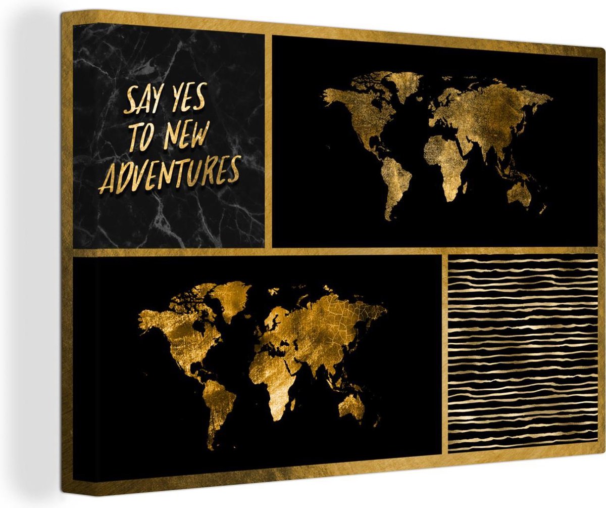 Wanddecoratie Wereldkaart - Collage - Spreuken - Goud - Canvas - 180x120 cm