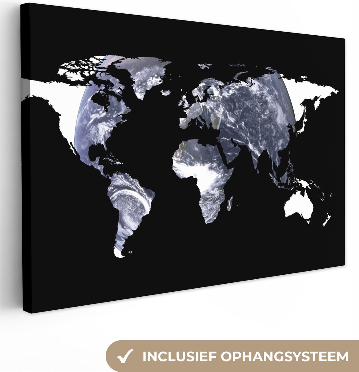 Canvas Wereldkaart - 180x120 - Wanddecoratie Wereldkaart - Zwart - Wit - Wereldbol