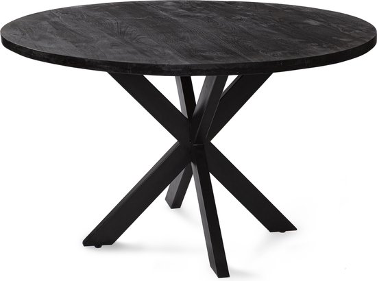 Zita Home eettafel model El rond 130cm volledig zwart eettafel mangohout rond - metalen - 4 poot matrix 3 cm dik blad - Black Friday Deal