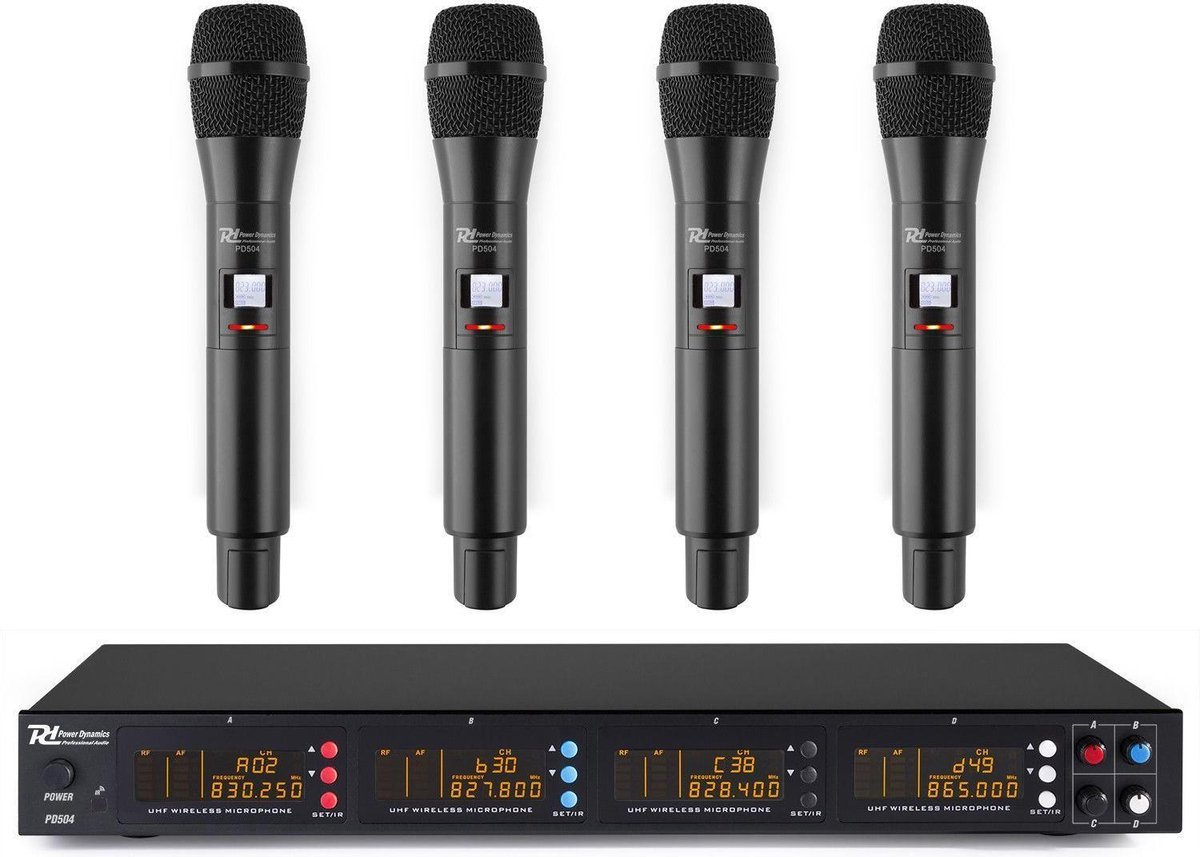 Draadloze microfoon 4x - Power Dynamics PD504H draadloos microfoon systeem met 4 UHF handmicrofoons