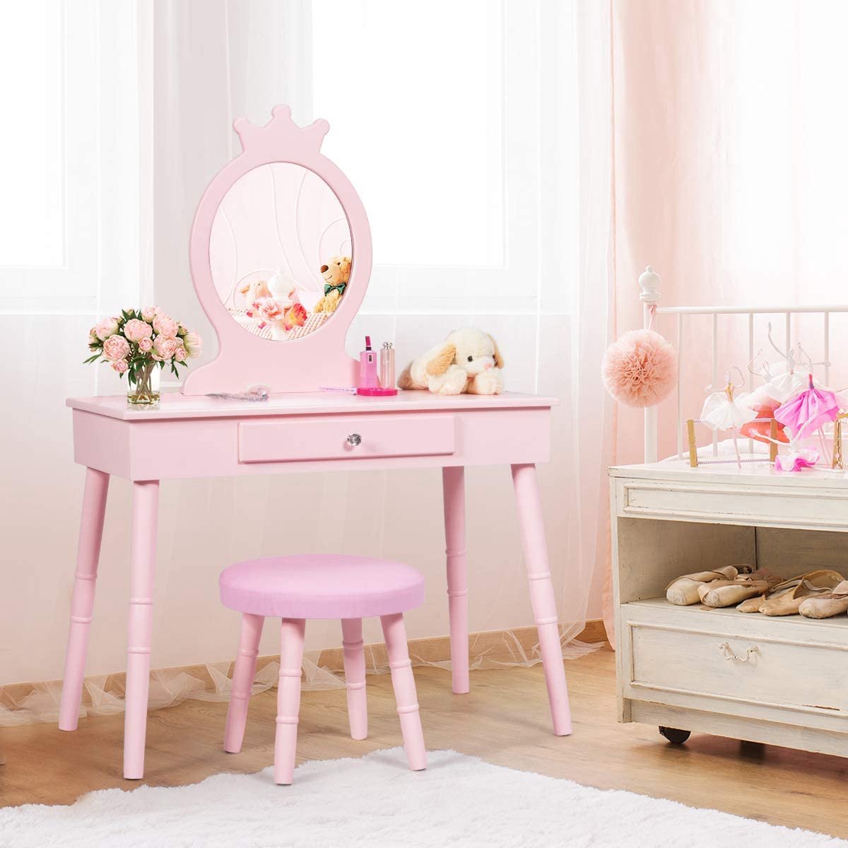 Kaptafel voor kinderen, make-uptafel met kruk en afneembare spiegel, kaptafel voor meisjes, kaptafel met lade, 70 x 34 x 100 cm, roze