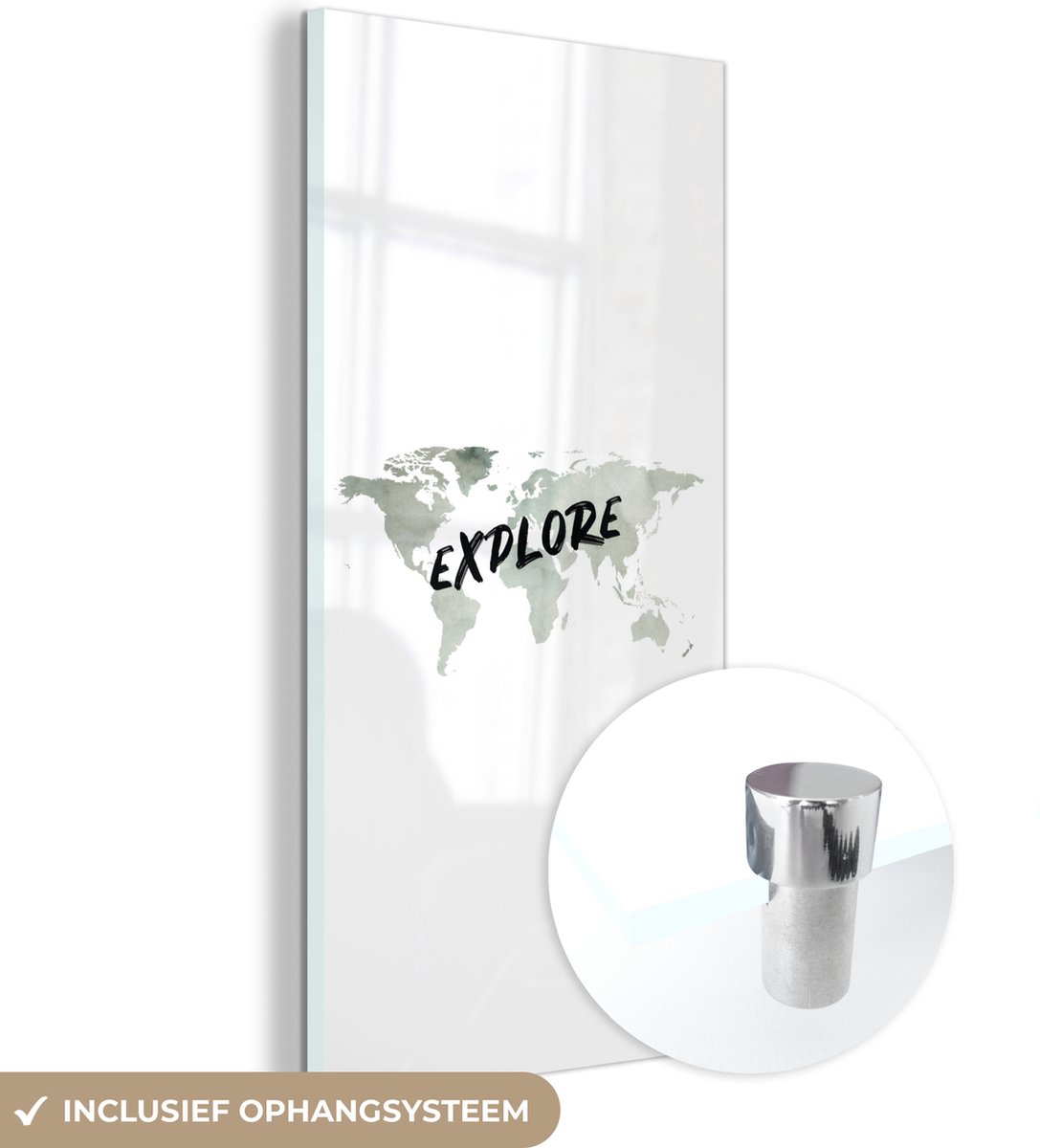 MuchoWow® Glasschilderij - Wereldkaart - Grijs - Quote - 60x120 cm - Acrylglas Schilderijen - Foto op Glas