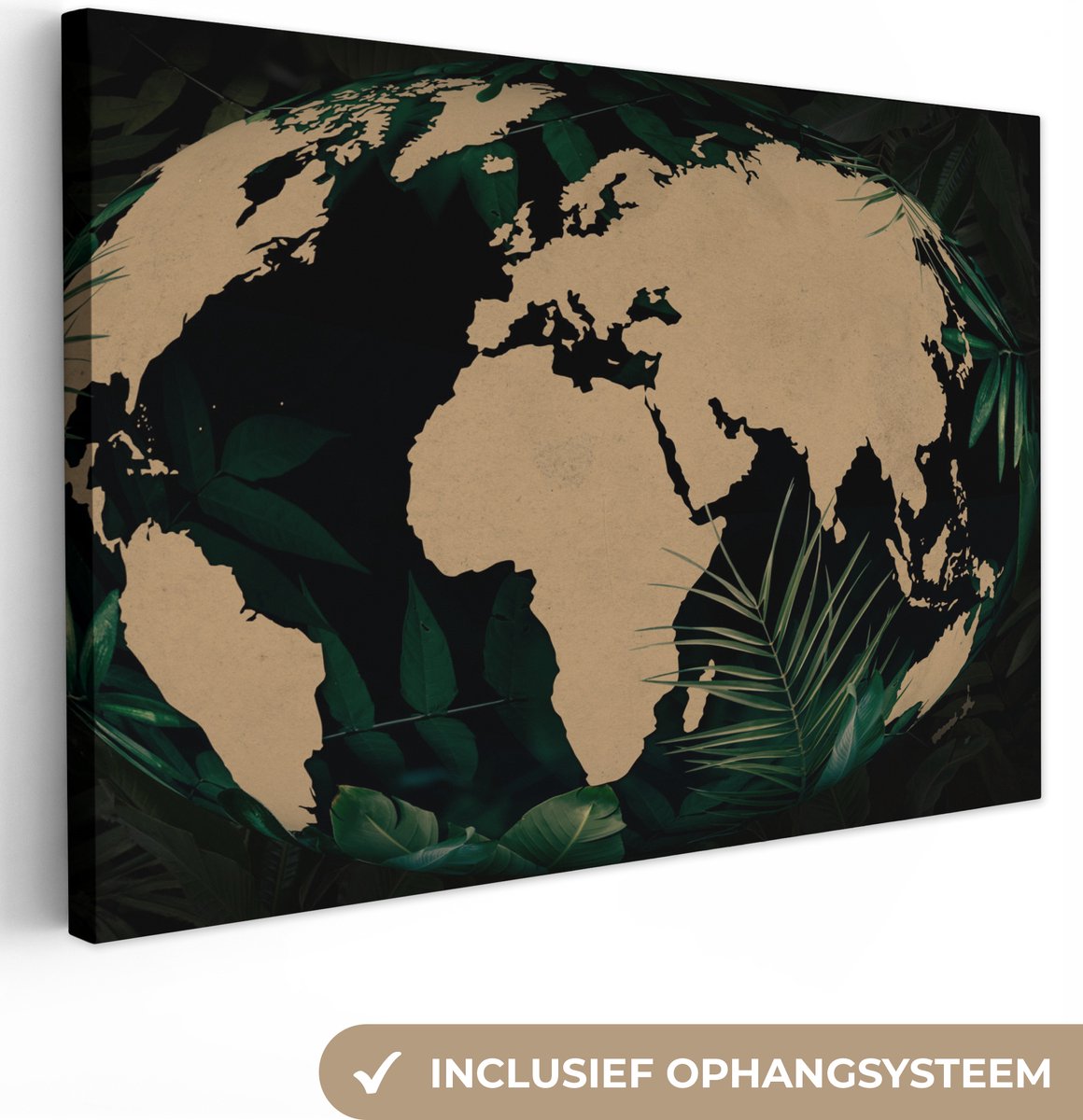 Canvas Wereldkaart - 180x120 - Wanddecoratie Wereldkaart - Wereldbol - Planten