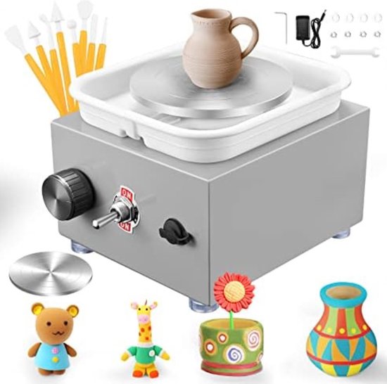 Draaischijf Pottenbakker - Boetseerschijf - Pottenbakken Kinderen met verwijderbare ABS-lade en draaischijf van 6,5/10 cm - 2000 RPM - Grijs
