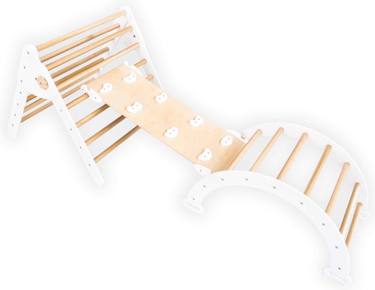 Wood and Hearts Montessori houten speeltoestel voor kinderen - triangle verstelbaar met klimwand, glijbaan en klimboog - licht hout en wit
