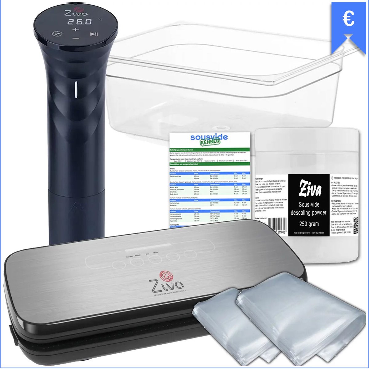 Sous-vide voordeelbundel met Ziva Savant (1200W) sous-vide stick - XLarge (24 liter) waterbak reservoir - Ziva OneTouch vacuümsealer - handige accessoires!