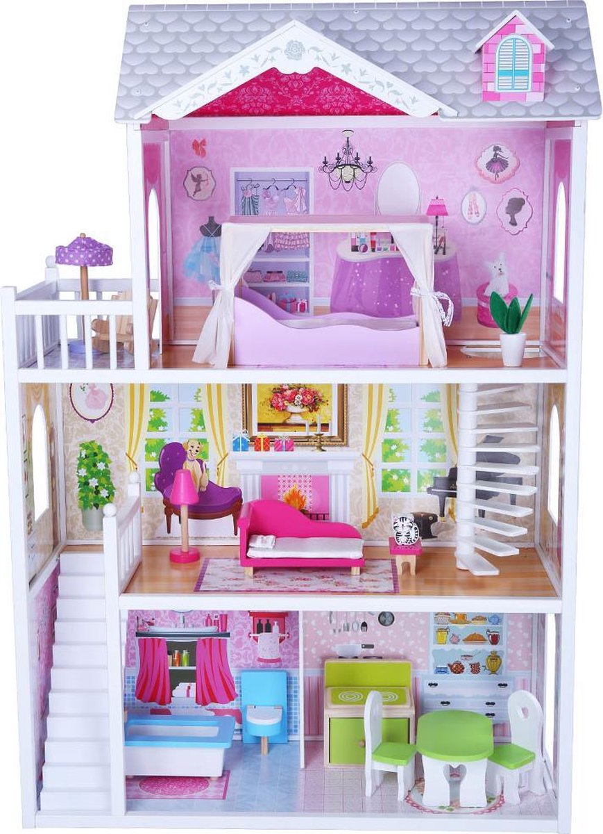 Bandits & Angels houten poppenhuis Country House - 3 jaar - 124 cm hoog - inclusief 14 meubeltjes - roze - geschikt voor Barbie