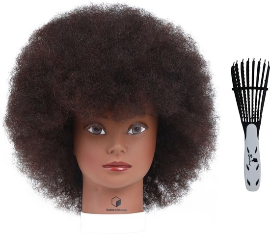 Desire of Goods Afro oefenhoofd kappershoofd - Donkerbruin haar - met anti klit haarborstel - Echt haar - tafelklem - 30 cm