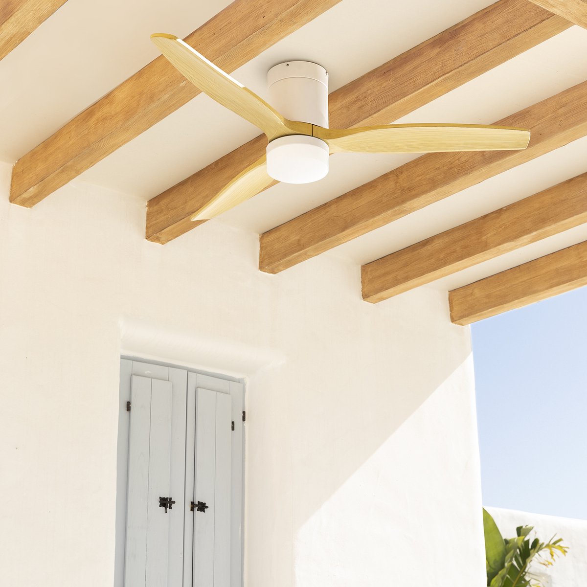 CREATE WINDCALM PATIO DC - Geluidloos Plafondventilator Winter/Zomer functie Wit natuurlijk Hout met verlichting - 132 cm - 6 Snelheden - Timer