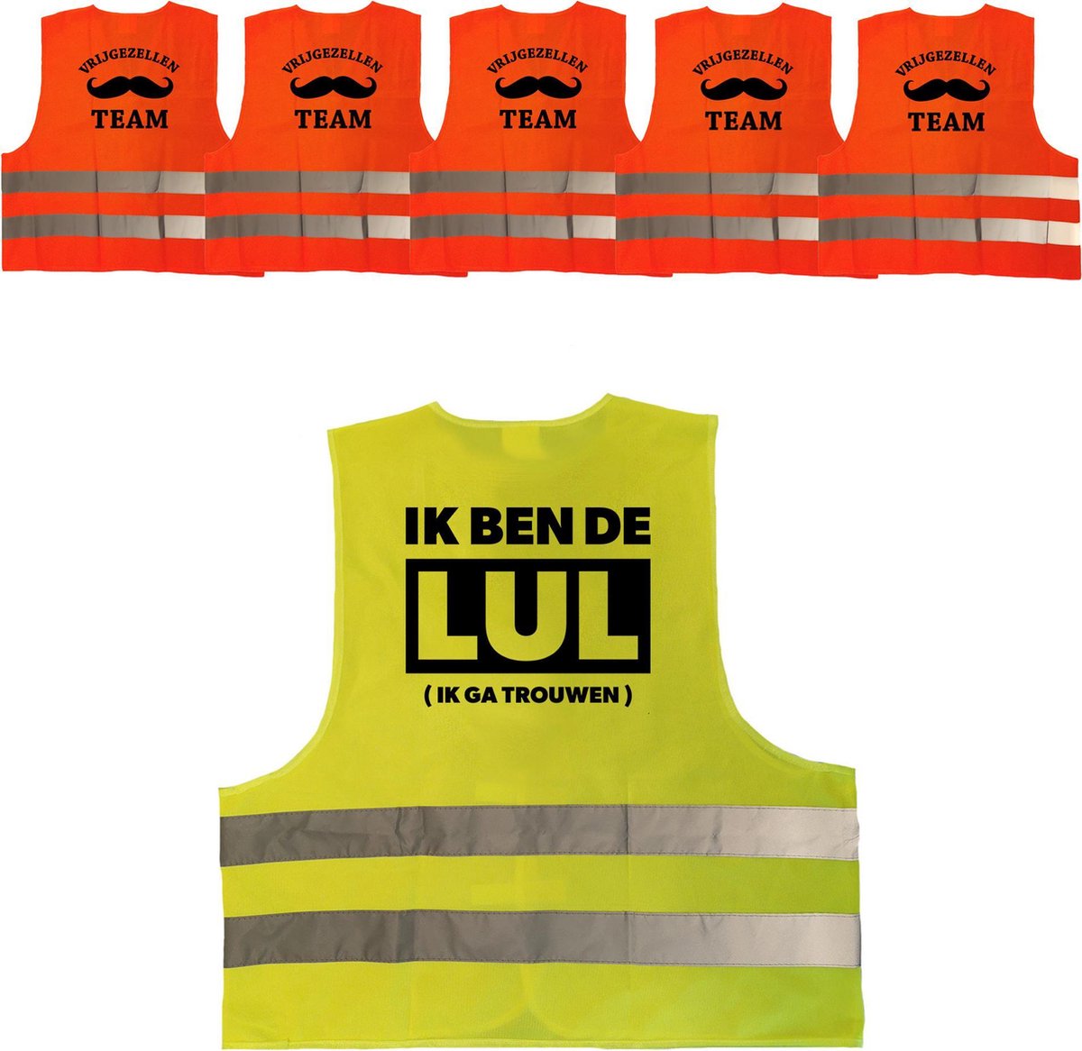 Vrijgezellenfeest heren hesjes/ outfit/ kostuum pakket - 1x Ik ben de Lul hesje geel + 5x Vrijgezellen team hesje oranje