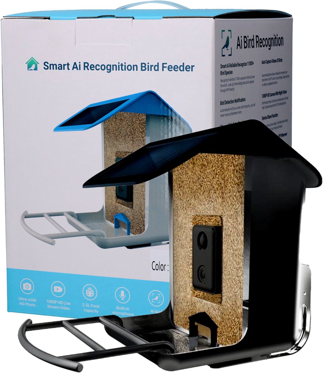 Smart Bird Feeder met camera - Vogelhuisje met Ai herkenning - Herkent vogelsoorten - IP65 - 1080P HD Night Vision camera - 130° Lens - Wifi - 24x22x28 cm