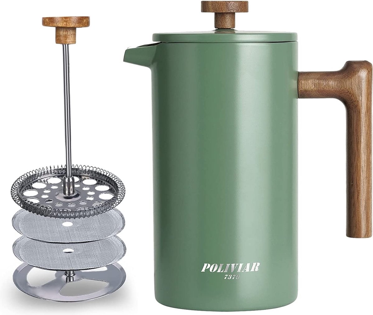 French Press Koffiezetapparaat, 1 liter/8 kopjes, dubbelwandige schuine koffiepot en theebereider, handfilter, koffiepers met plunger en handvat van hout