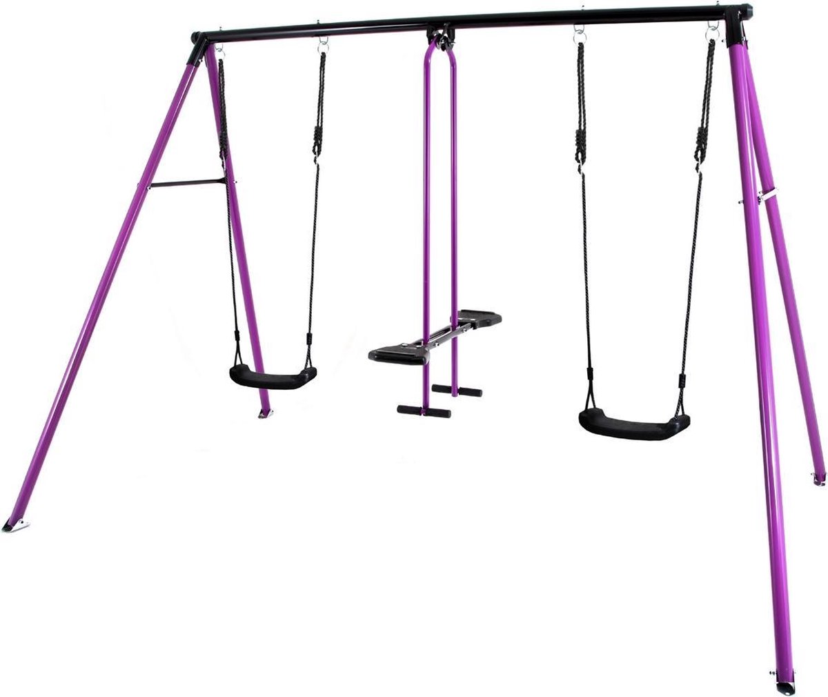 Hörby Bruk® Metalen Schommel - Inclusief Gratis Schommeltent - Voor 4 kinderen - Roestvrij Staal - Paars - 275X215X180cm - 100% gemaakt in Zweden - 10 jaar fabrieksgarantie - Schommelstoel - Duo schommelstoel - Schommel - Schommel voor buiten