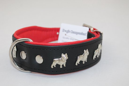 Dog's Companion - Leren halsband Franse Bulldog - Lengte: 65cm (51-60cmx50 mm), Kleur: Zwart / Rood