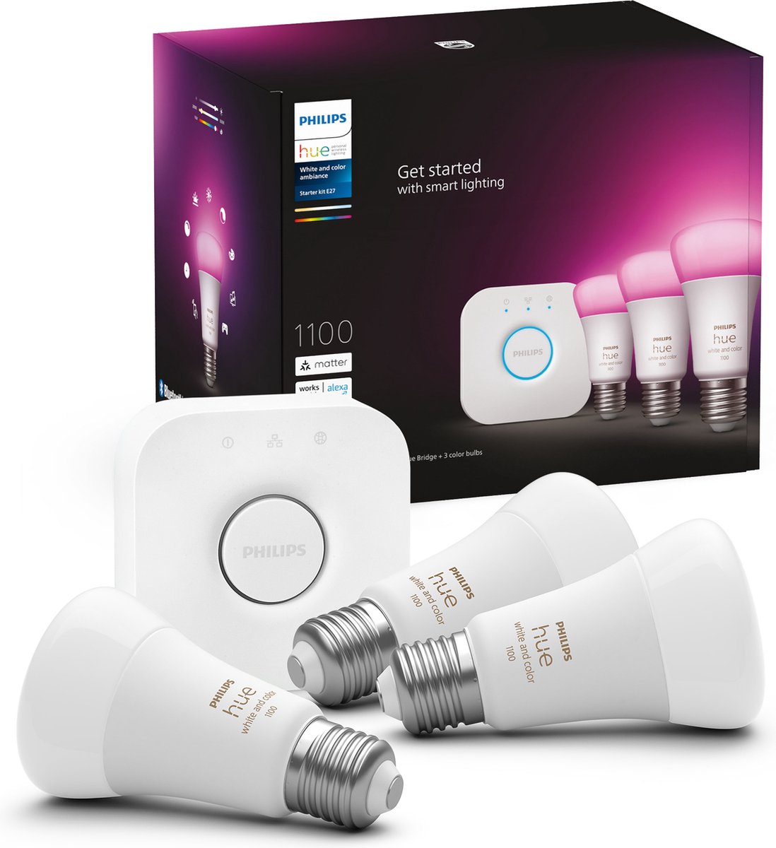 Philips Hue starterspakket E27 Lichtbron met Bridge - White and Color Ambiance - 3 x 9W - Bluetooth